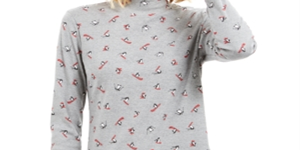 Karen Scott Camiseta Feminina Esqui Pinguins Estampada Gola Simulada Cinza Tamanho Grande