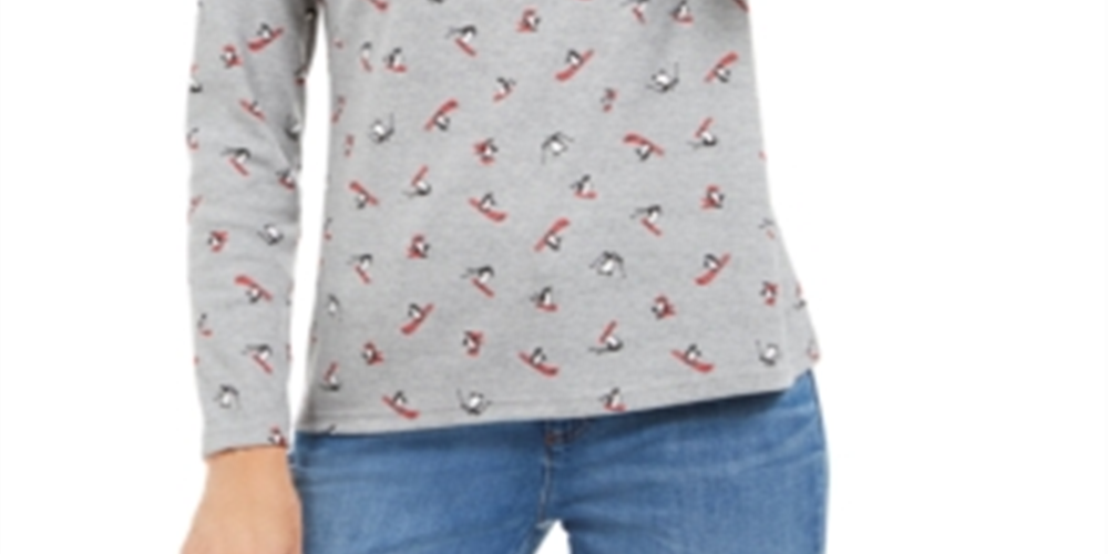 Karen Scott Camiseta Feminina Esqui Pinguins Estampada Gola Simulada Cinza Tamanho Grande