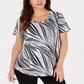 JM Collection Blusa feminina estampada com decote redondo, branca, vários tamanhos, média
