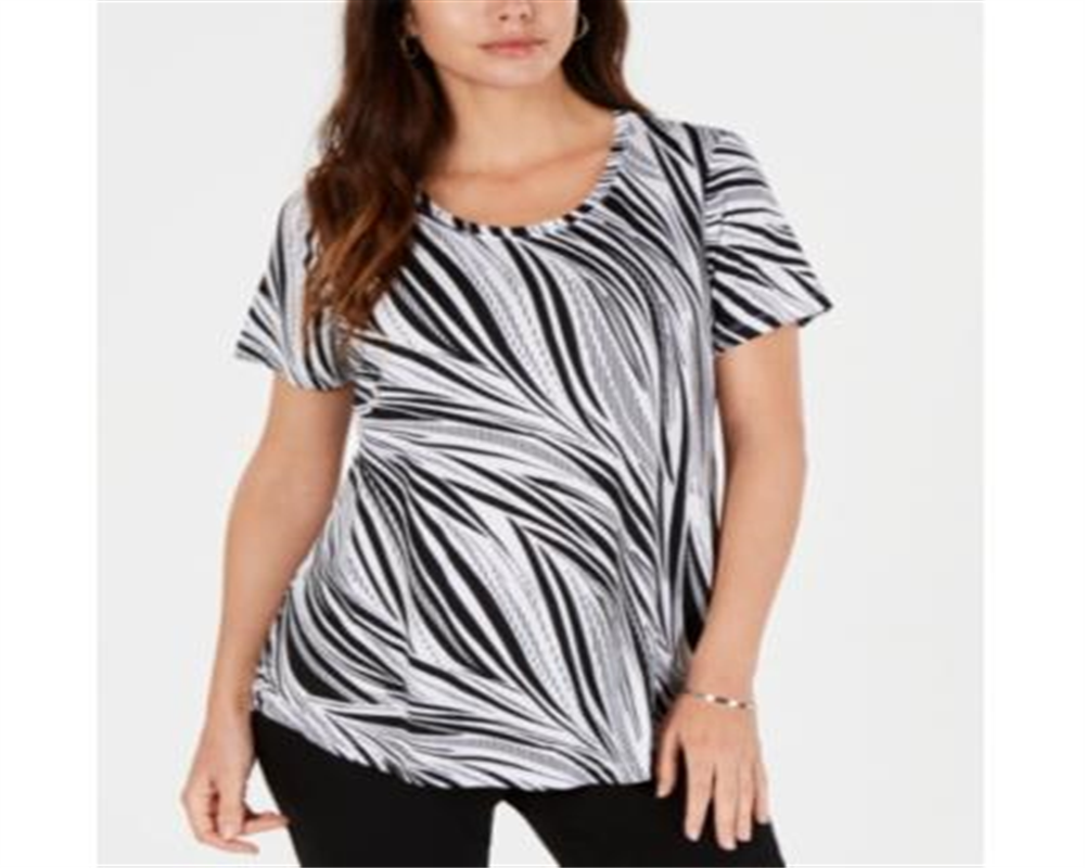 JM Collection Blusa feminina estampada com decote redondo, branca, vários tamanhos, média