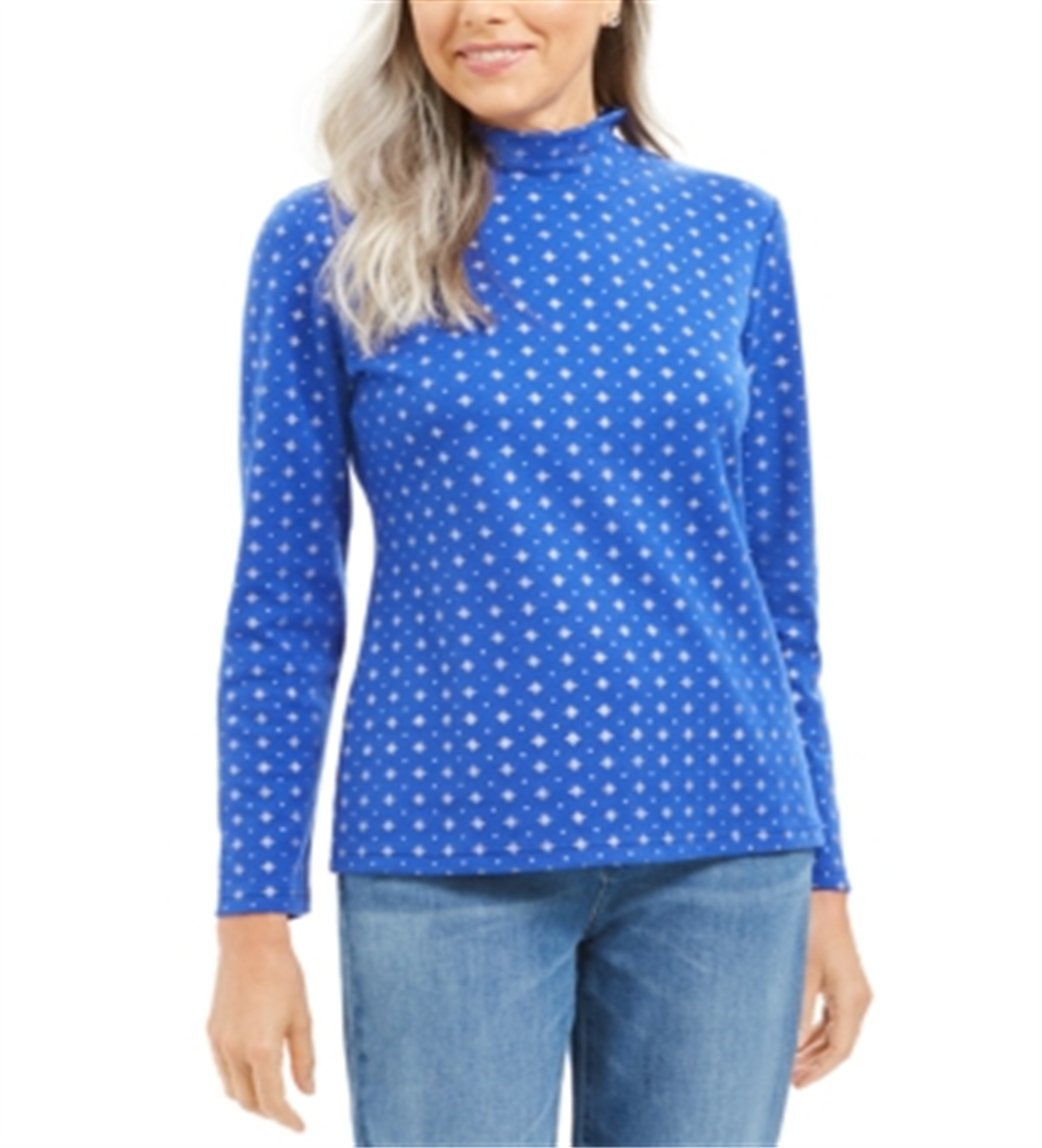 Karen Scott Blusa feminina com estampa de floco de neve e gola alta, azul, tamanho extragrande
