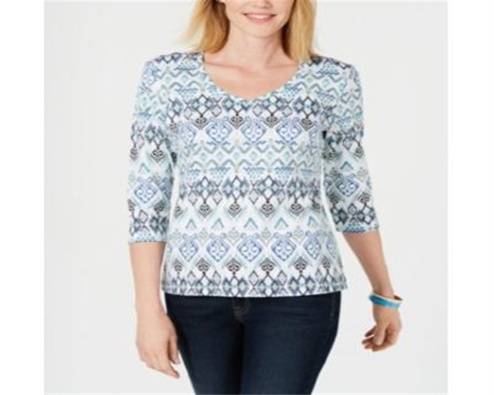 Blusa feminina estampada com decote em V Karen Scott, azul, tamanho pequeno