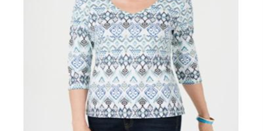 Blusa feminina estampada com decote em V Karen Scott, azul, tamanho pequeno