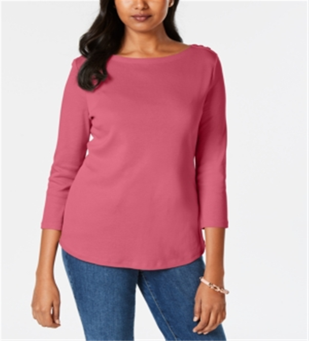 Charter Club Blusa feminina de algodão Pima com decote canoa e botões e ombro a ombro, rosa, tamanho pequeno