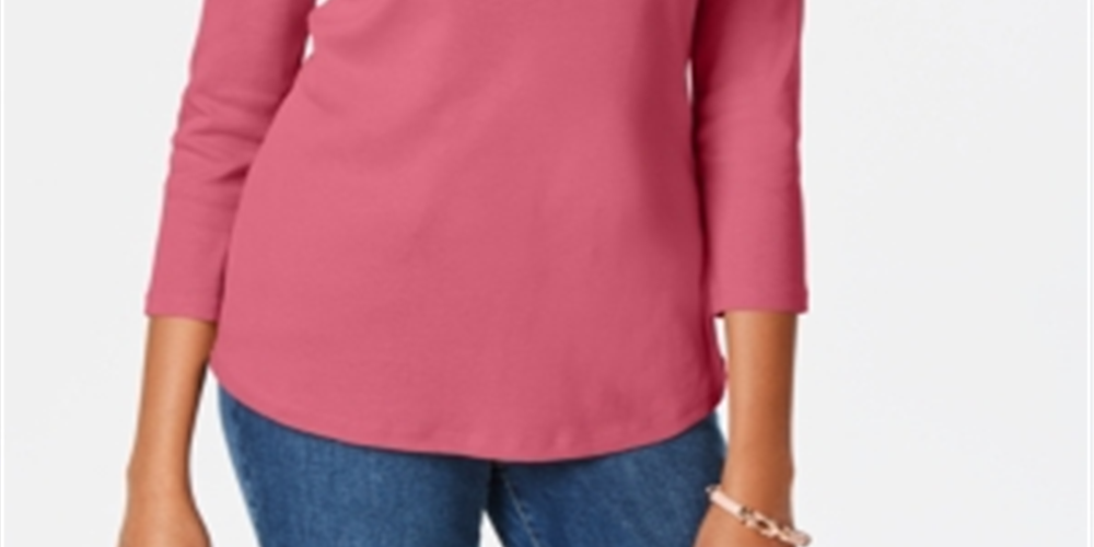 Charter Club Blusa feminina de algodão Pima com decote canoa e botões e ombro a ombro, rosa, tamanho pequeno