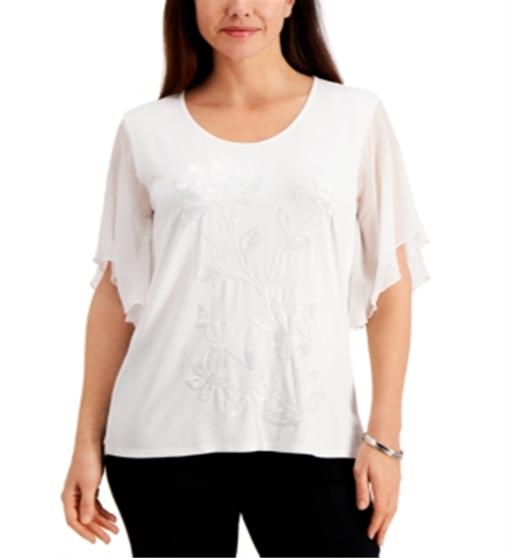 Blusa feminina com mangas curtas e lantejoulas da coleção JM, branca, tamanho pequeno