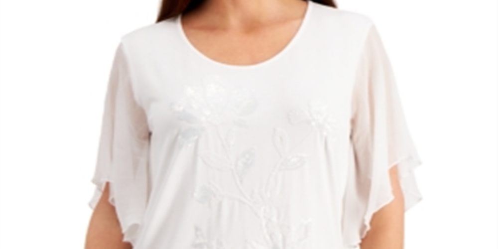 Blusa feminina com mangas curtas e lantejoulas da coleção JM, branca, tamanho pequeno