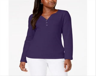 Karen Scott Top Henley Feminino de Algodão Roxo Tamanho Médio
