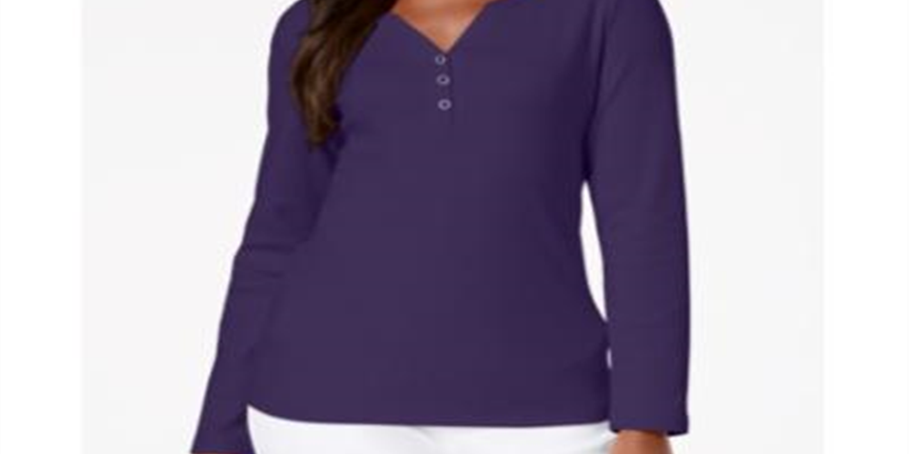 Karen Scott Top Henley Feminino de Algodão Roxo Tamanho Médio