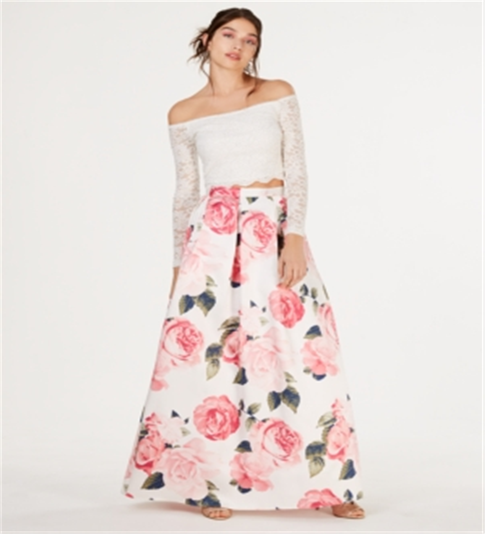 Vestido Teeze Me Junior de 2 peças, ombro de fora, renda e flores, branco, tamanho 5