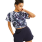 INC International Concepts Top feminino com estampa tie-dye, manga curta, gola redonda, azul, tamanho extragrande