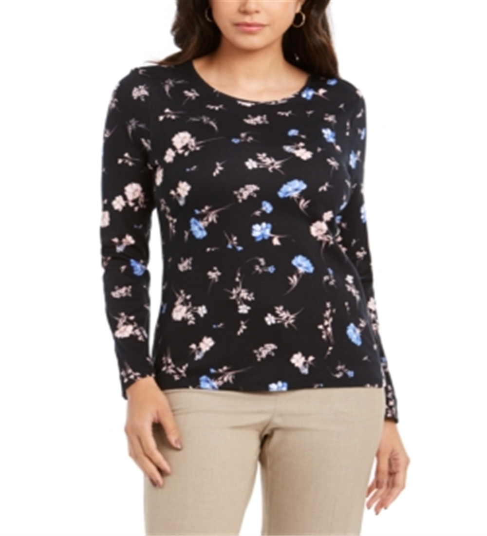 Camiseta feminina Charter Club de algodão com estampa Ditsy, preta, tamanho XX-G