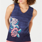 Suéter feminino sem mangas com estampa e decote em V, azul, tamanho X-S
