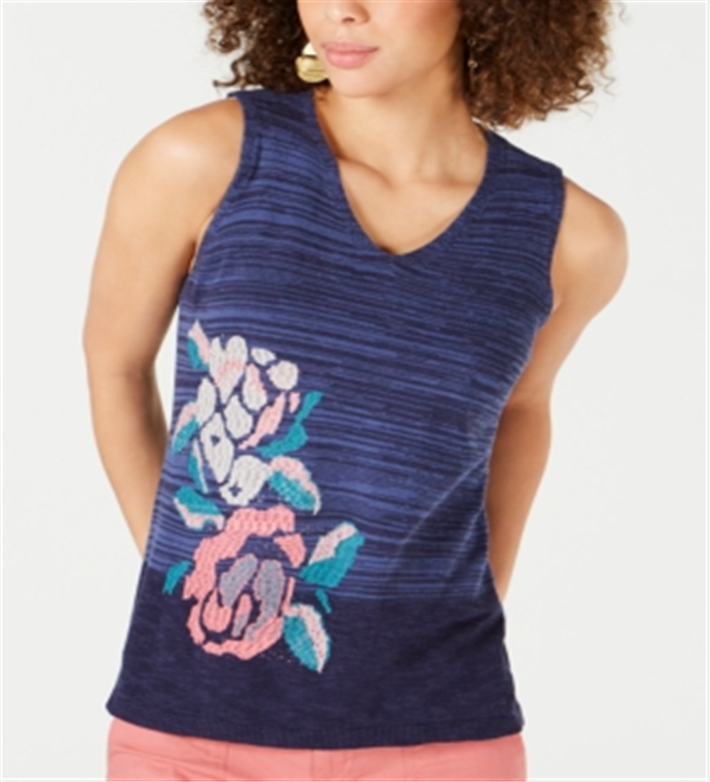 Suéter feminino sem mangas com estampa e decote em V, azul, tamanho X-S
