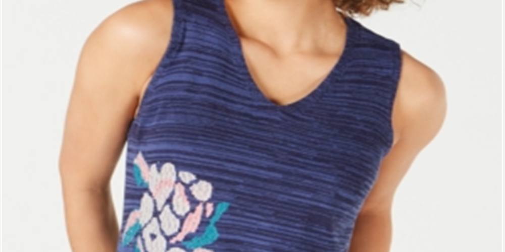 Suéter feminino sem mangas com estampa e decote em V, azul, tamanho X-S
