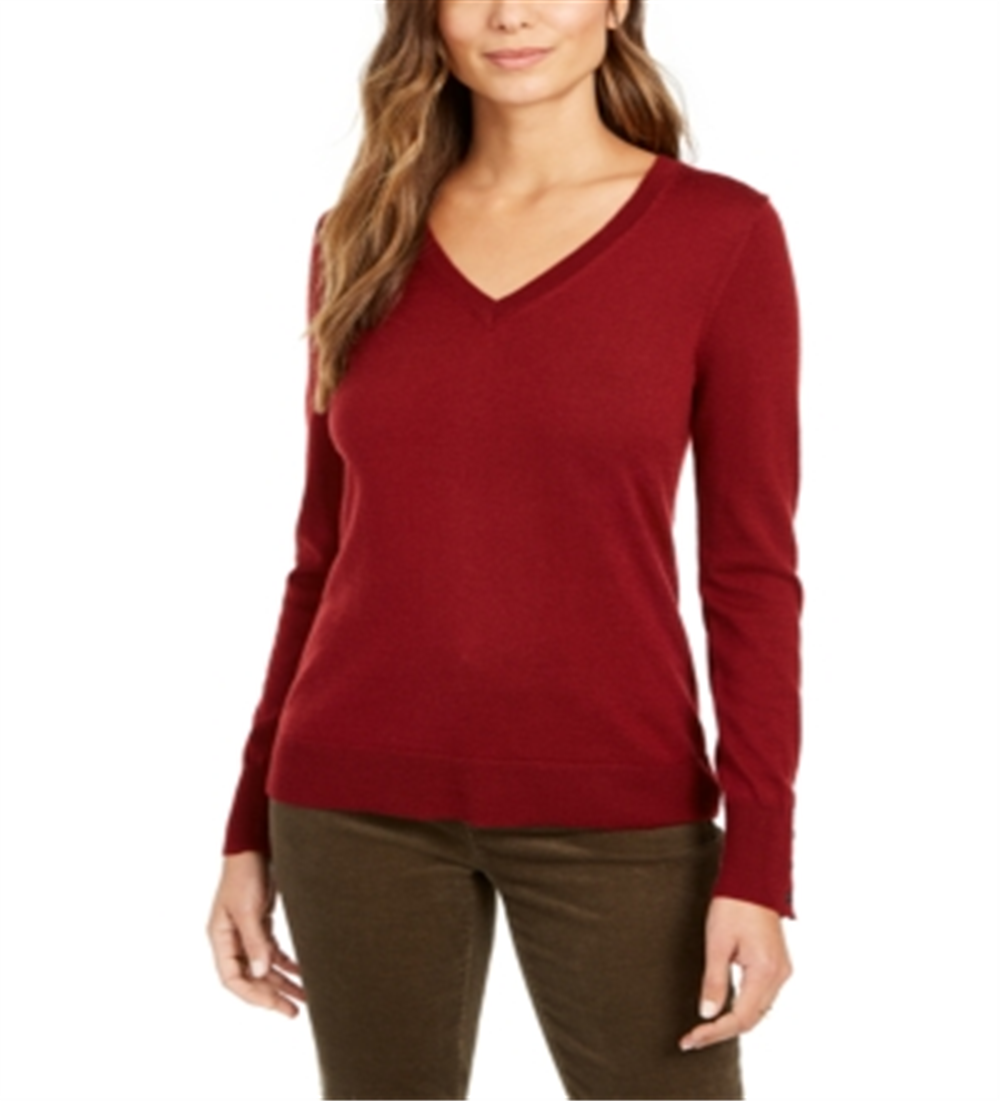 Suéter feminino de lã merino com botões e decote em V, tamanho X-G, vermelho, Charter Club