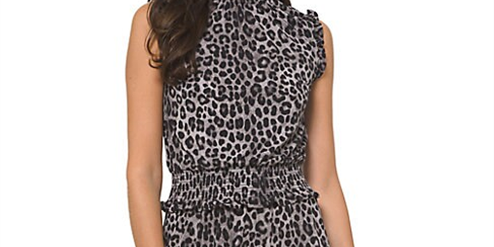 Vestido feminino Michael Kors com estampa animal e babados, preto, tamanho médio
