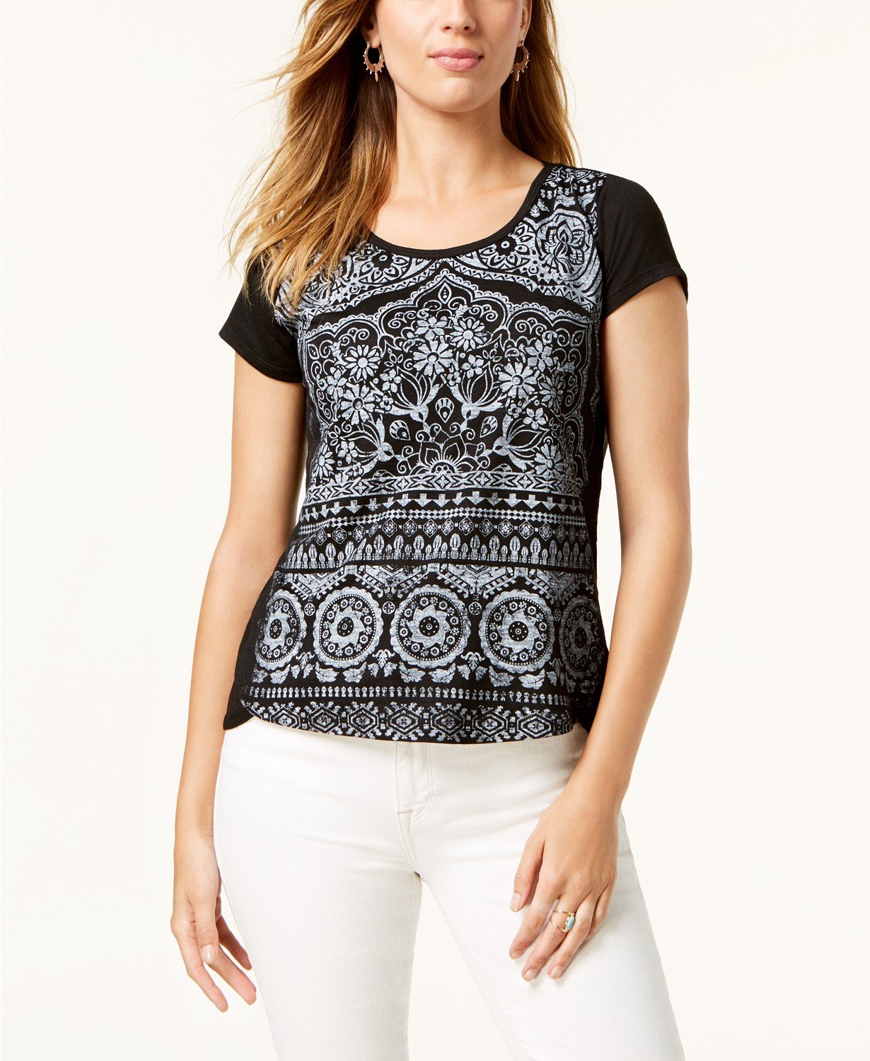 Blusa feminina de manga curta e decote redondo, preta, tamanho pequeno, extragrande, estilo &amp; co