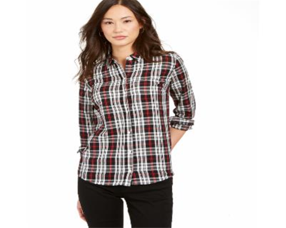 Camisa xadrez de algodão feminina Charter Club com botões, preta, tamanho pequeno G