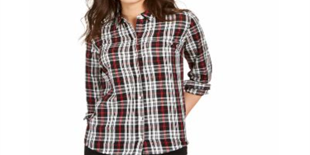 Camisa xadrez de algodão feminina Charter Club com botões, preta, tamanho pequeno G