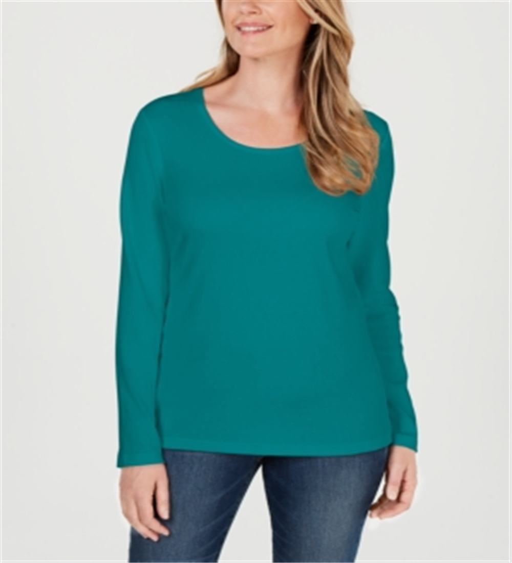Karen Scott Blusa feminina de algodão com decote redondo, verde, tamanho pequeno G