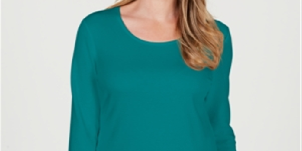 Karen Scott Blusa feminina de algodão com decote redondo, verde, tamanho pequeno G