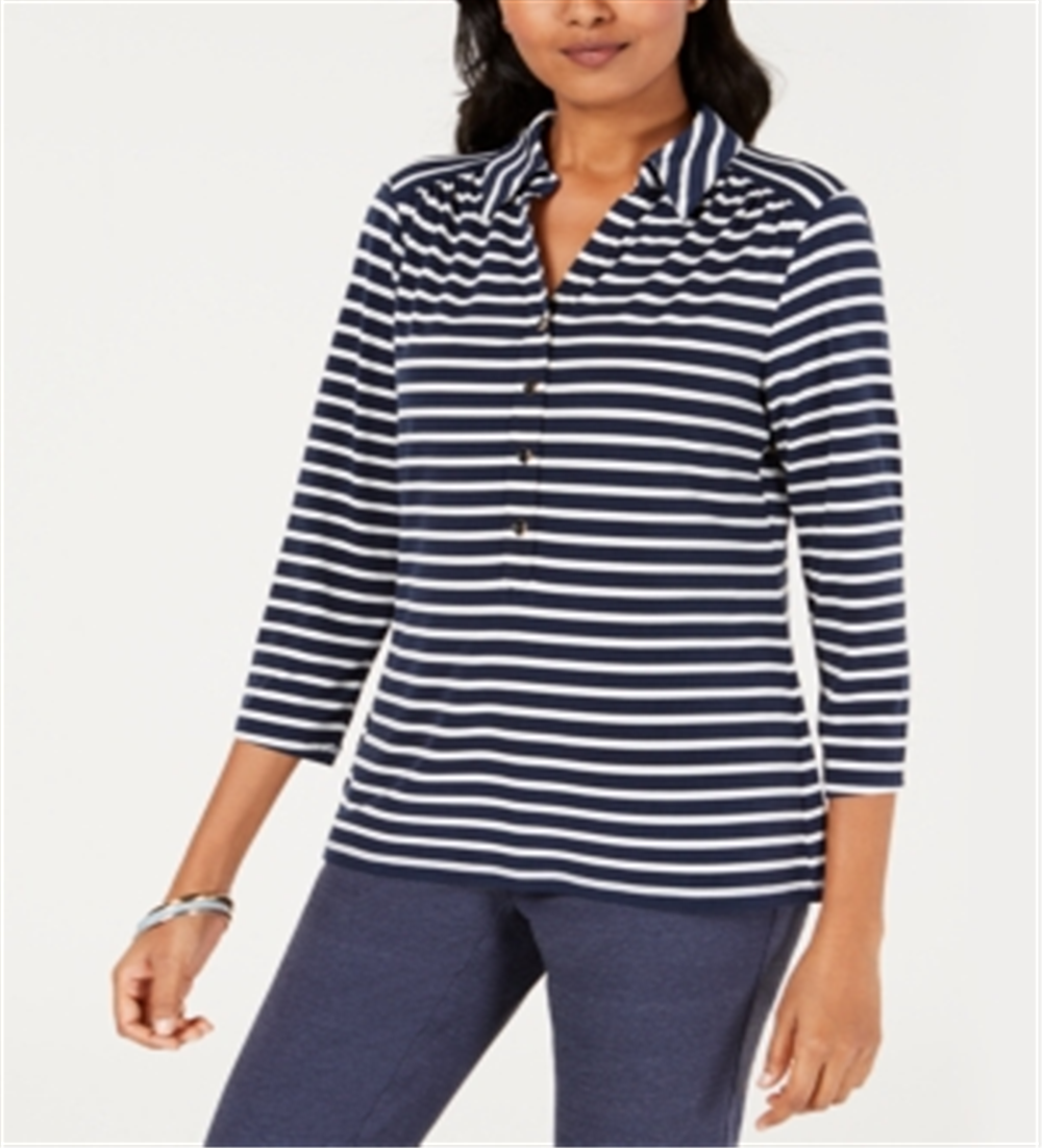 Blusa de malha listrada estampada feminina Charter Club, azul-marinho/branco, tamanho médio