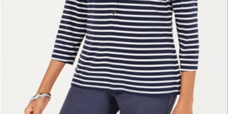 Blusa de malha listrada estampada feminina Charter Club, azul-marinho/branco, tamanho médio