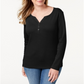 Karen Scott Blusa Feminina de Algodão com Gola Henley Preta Tamanho Pequeno P