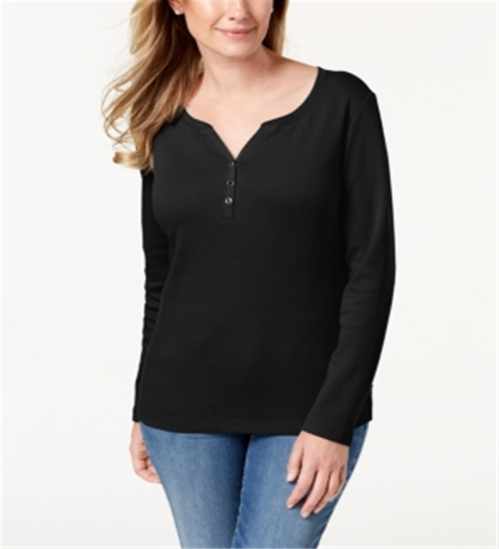 Karen Scott Blusa Feminina de Algodão com Gola Henley Preta Tamanho Pequeno P