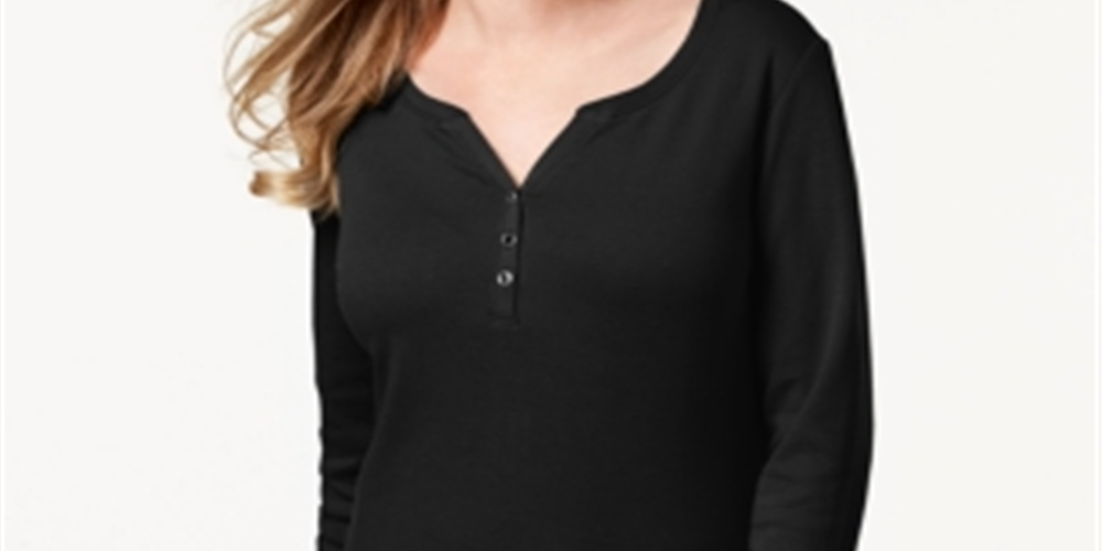 Karen Scott Blusa Feminina de Algodão com Gola Henley Preta Tamanho Pequeno P