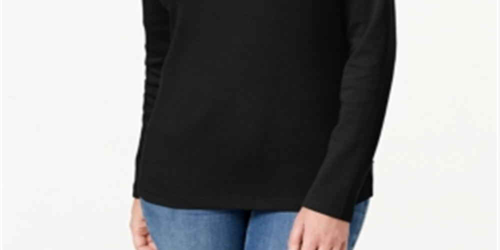 Karen Scott Blusa Feminina de Algodão com Gola Henley Preta Tamanho Pequeno P