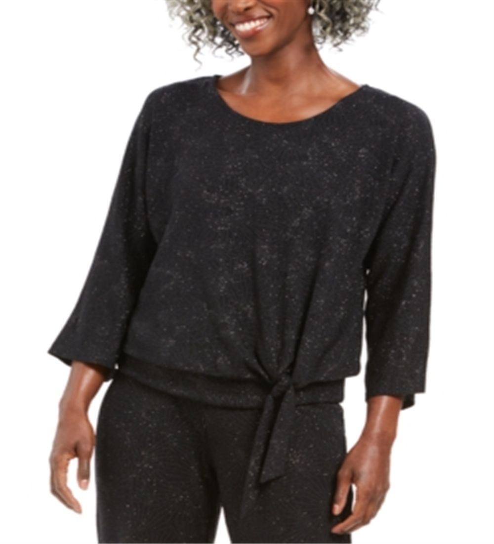 JM Collection Top feminino metálico com amarração frontal, preto, tamanho X-S