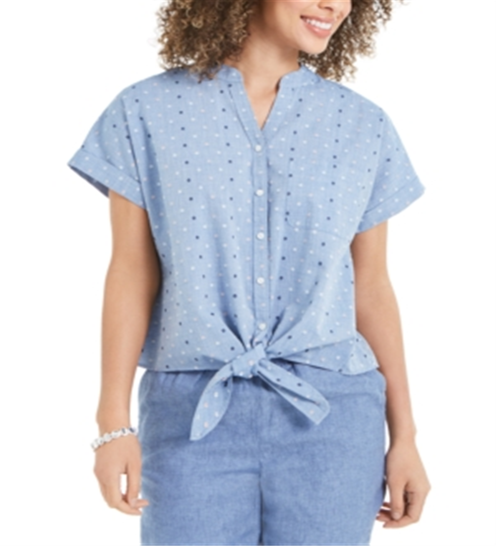 Camisa feminina Charter Club de algodão com bordado frontal e amarração, tamanho grande, azul