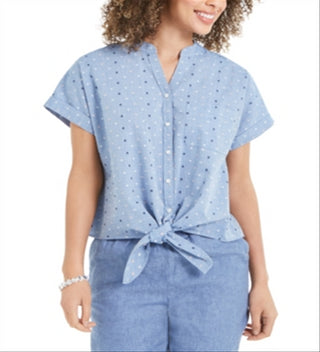 Charter Club Women's Cotton Embroidered Tie Front Shirt Blue Size Large