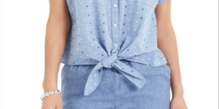 Charter Club Women's Cotton Embroidered Tie Front Shirt Blue Size Large