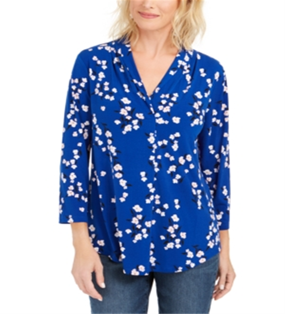 Blusa feminina Charter Club com estampa floral e decote em V, plissada, azul, tamanho médio