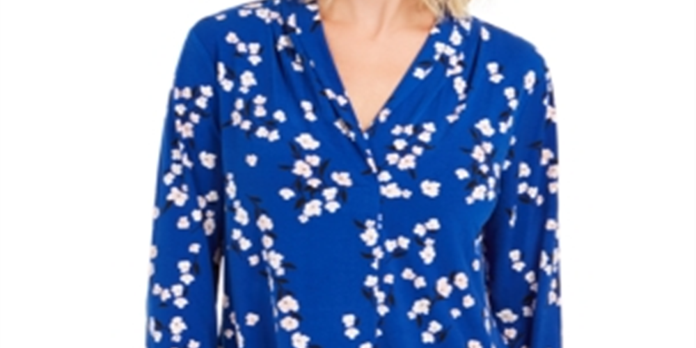 Blusa feminina Charter Club com estampa floral e decote em V, plissada, azul, tamanho médio