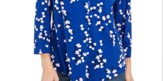 Blusa feminina Charter Club com estampa floral e decote em V, plissada, azul, tamanho médio