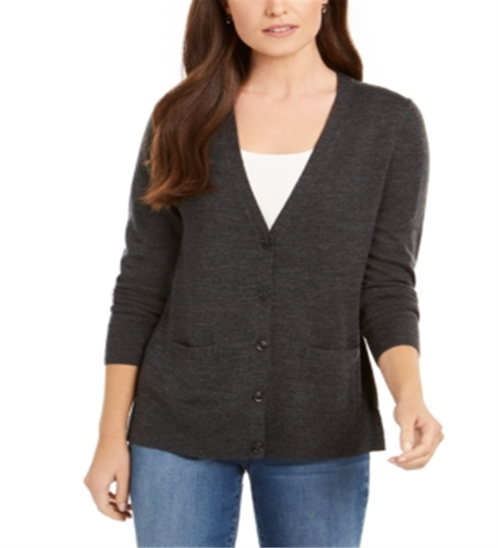 Cardigan feminino de lã merino com decote em V, cinza, tamanho extrapequeno