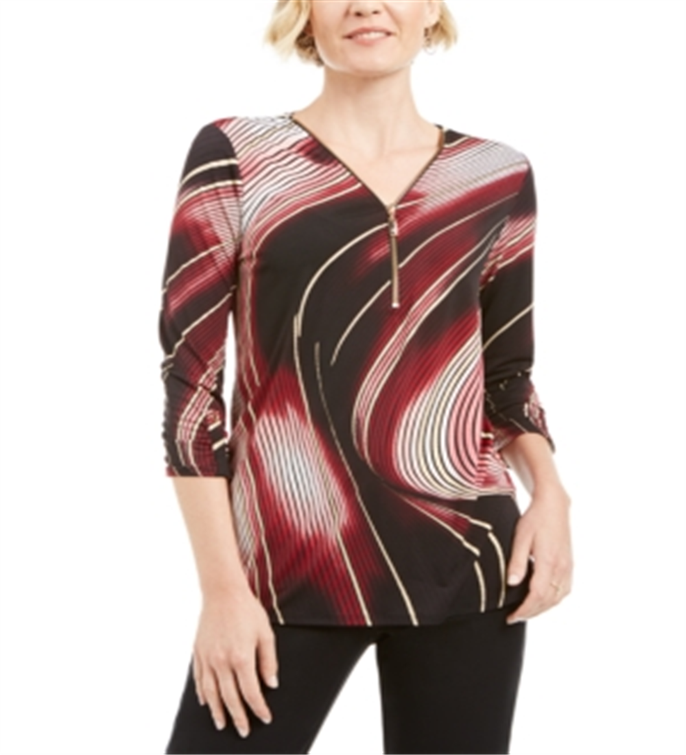 Túnica feminina estampada com zíper e acabamento em zíper, preta, tamanho médio