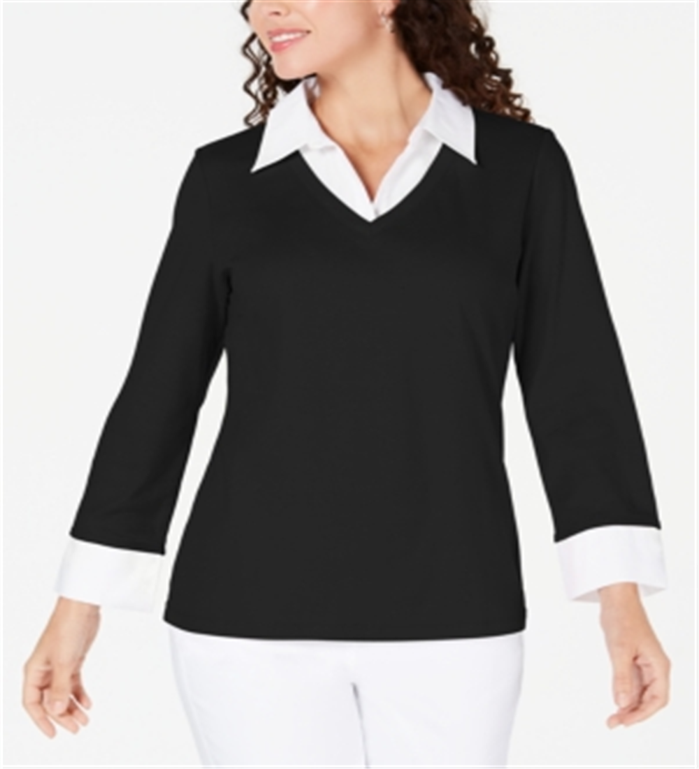 Blusa feminina Karen Scott de algodão com camadas, preta, tamanho X-S
