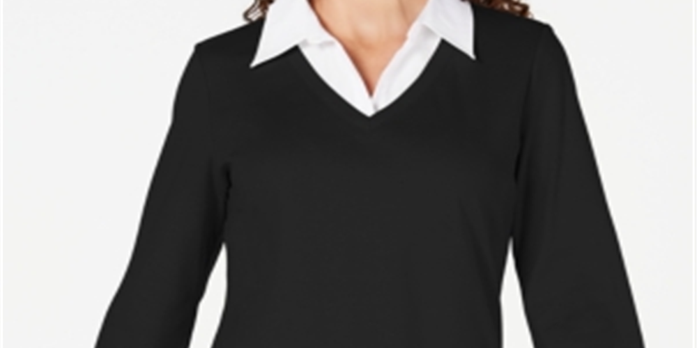 Blusa feminina Karen Scott de algodão com camadas, preta, tamanho X-S