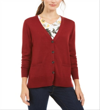 Cardigan feminino de lã merino com decote em V, vermelho, tamanho pequeno