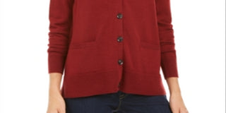 Cardigan feminino de lã merino com decote em V, vermelho, tamanho pequeno
