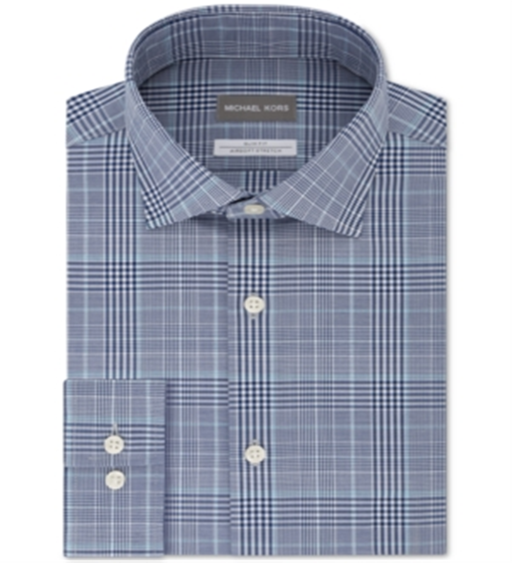 Camisa xadrez slim de abeto masculina Michael Kors, azul, tamanho 16 x 32 x 33