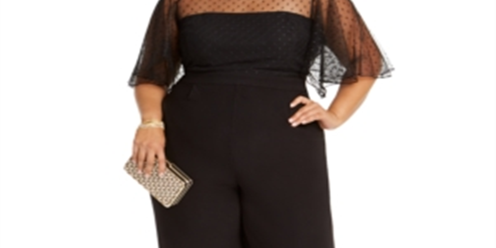 Macacão feminino Betsey Johnson Plus Illusion Trim com pernas largas, preto, tamanho 16W