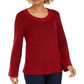 Camiseta feminina de malha texturizada com estampa de manga comprida e gola redonda, tamanho vermelho, tamanho pequeno G