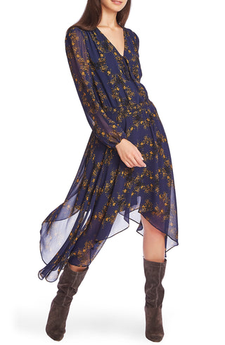 1.STATE Women's Printed Handkerchief MIDI Dress Blue Size Medium
