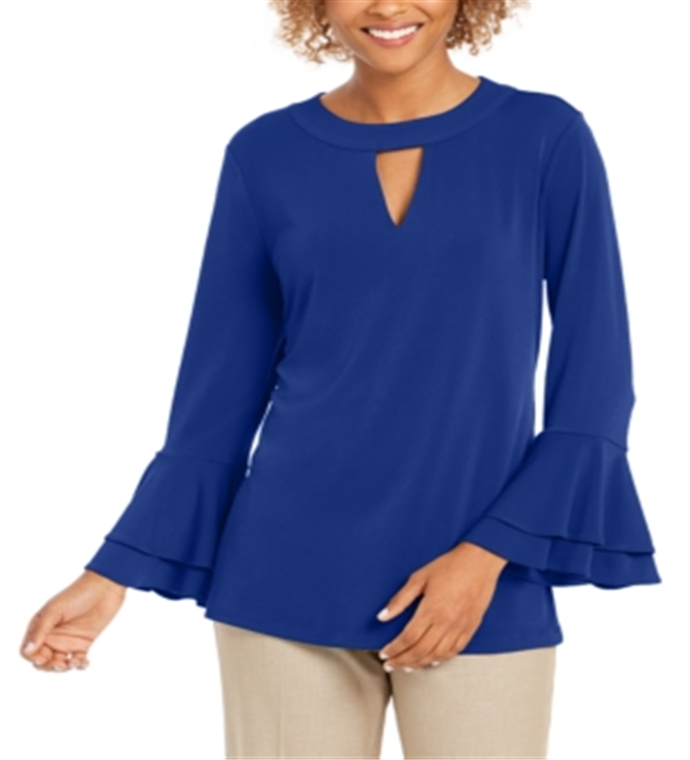 Blusa feminina Charter Club com manga sino e decote em V, azul, tamanho X-G